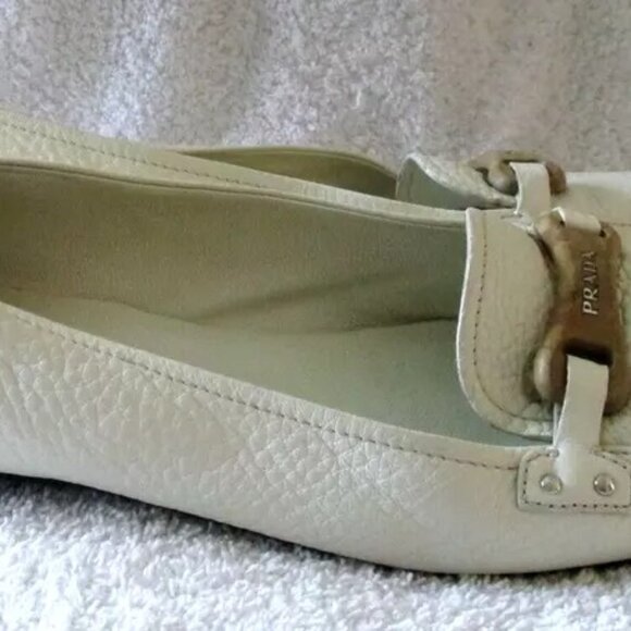 Women's Prada Off White Pebble Leather Logo Slip On Flats with Prada Dust Bag - Picture 5 of 6